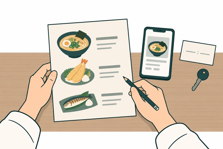 紙のメニューとスマートフォンの掲載情報を確認する手元のイラスト