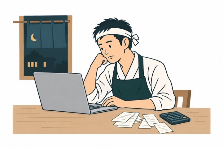閉店後に売上表とレシートを確認する店主のイラスト