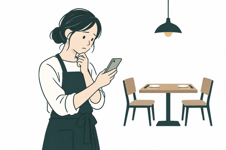 スマートフォンと空席を見て悩む店主のイラスト